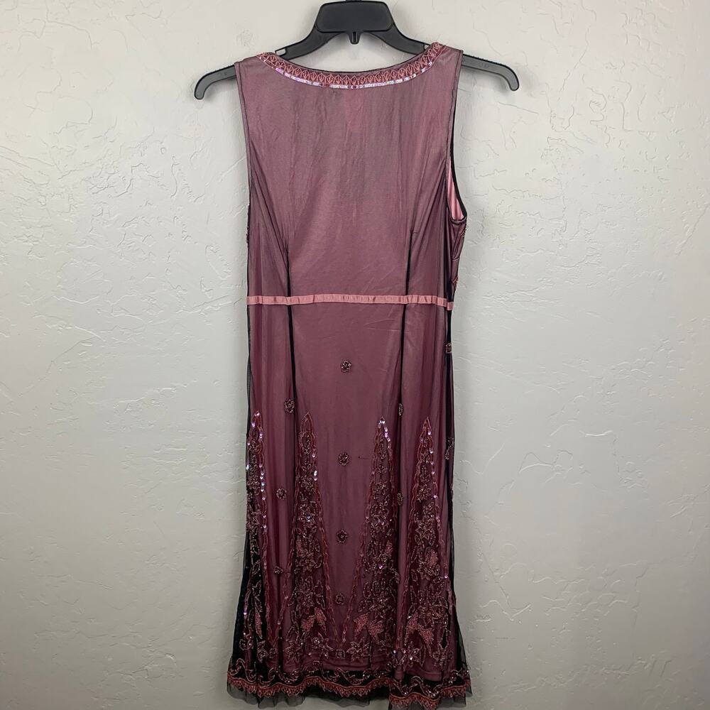 Y2K Marina Cocktail Midi Dress Women's Size 8 Pink Black Beaded Sheer Overlay - Picture 2 of 11